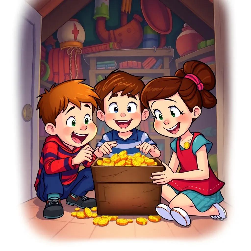 Billy, Sam, and Lucy sharing their treasure, with excited expressions, colorful backdrop of the attic, cheerful and fun atmosphere