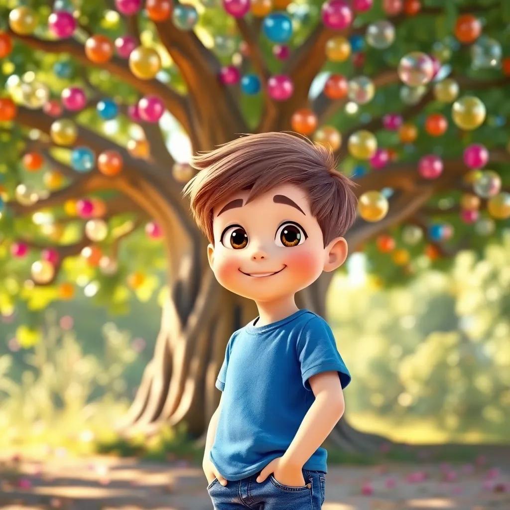 A young boy, Billy, with short brown hair, wearing a blue t-shirt and jeans, standing in front of a magical tree with colorful gum bubbles, bright sunlight, happy atmosphere, digital art, cheerful and vibrant colors, high quality