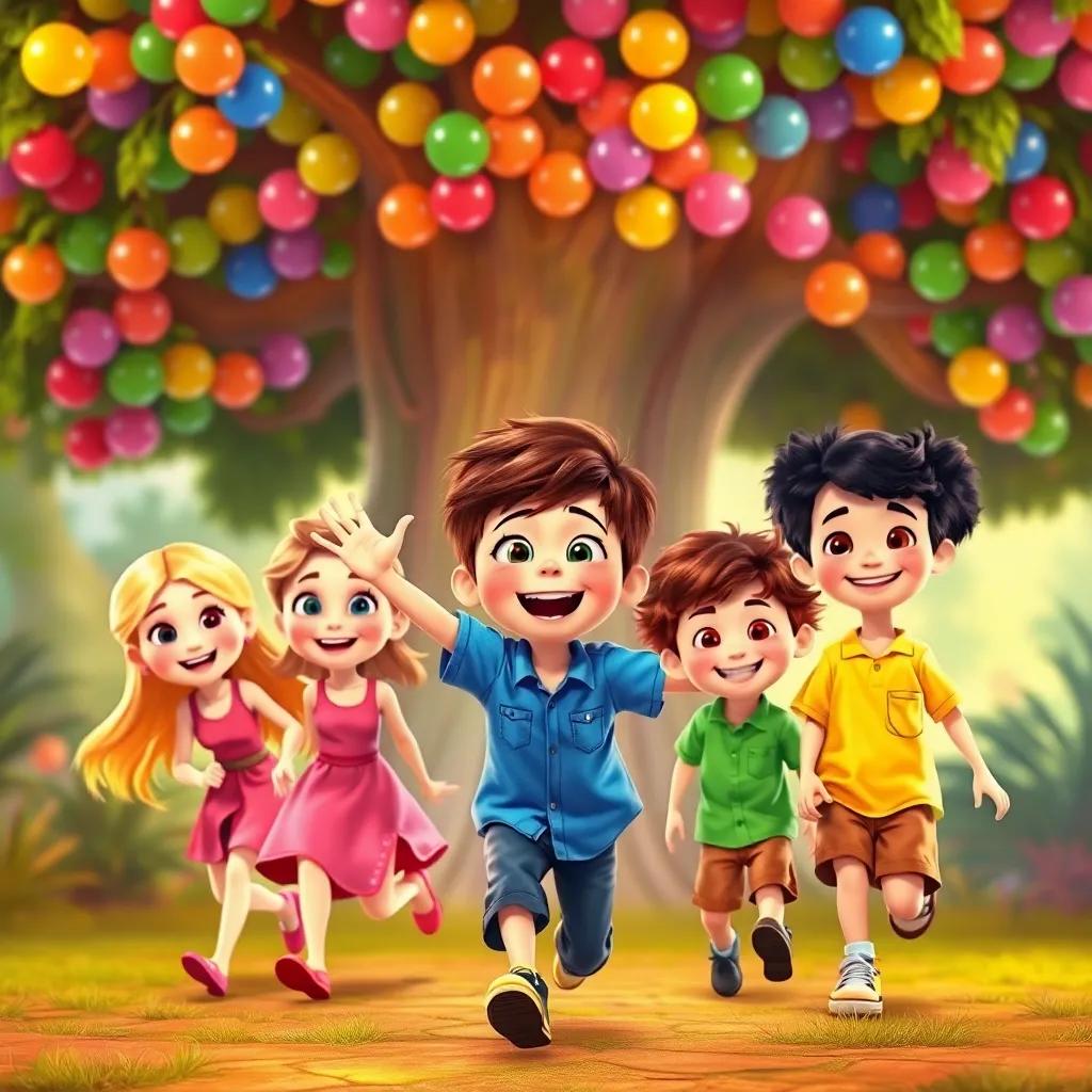 Billy, a young boy with short brown hair in a blue shirt, excitedly leading his friends, Sara with long blonde hair in a pink dress, Max with curly red hair in a green shirt and Lucy with black hair in a yellow shirt, all smiling in front of the bubblegum tree, colorful, warm light, joyful expressions, illustration