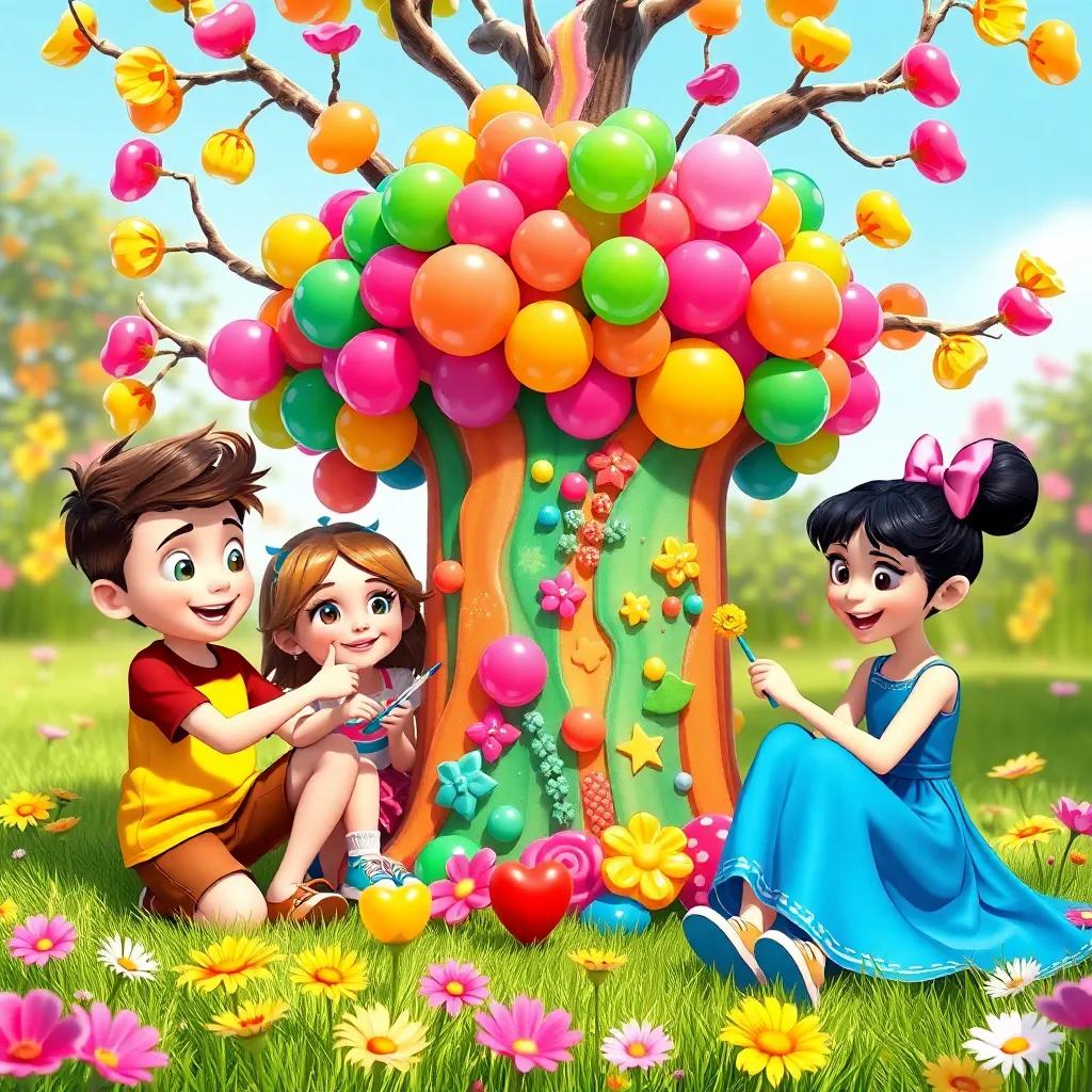 The group of friends, Billy, Sara, Max, and Lucy, working together, creating colorful bubblegum art in front of the bubblegum tree, surrounded by bright flowers and green grass, playful, sunny day, happy and lively, child-friendly
