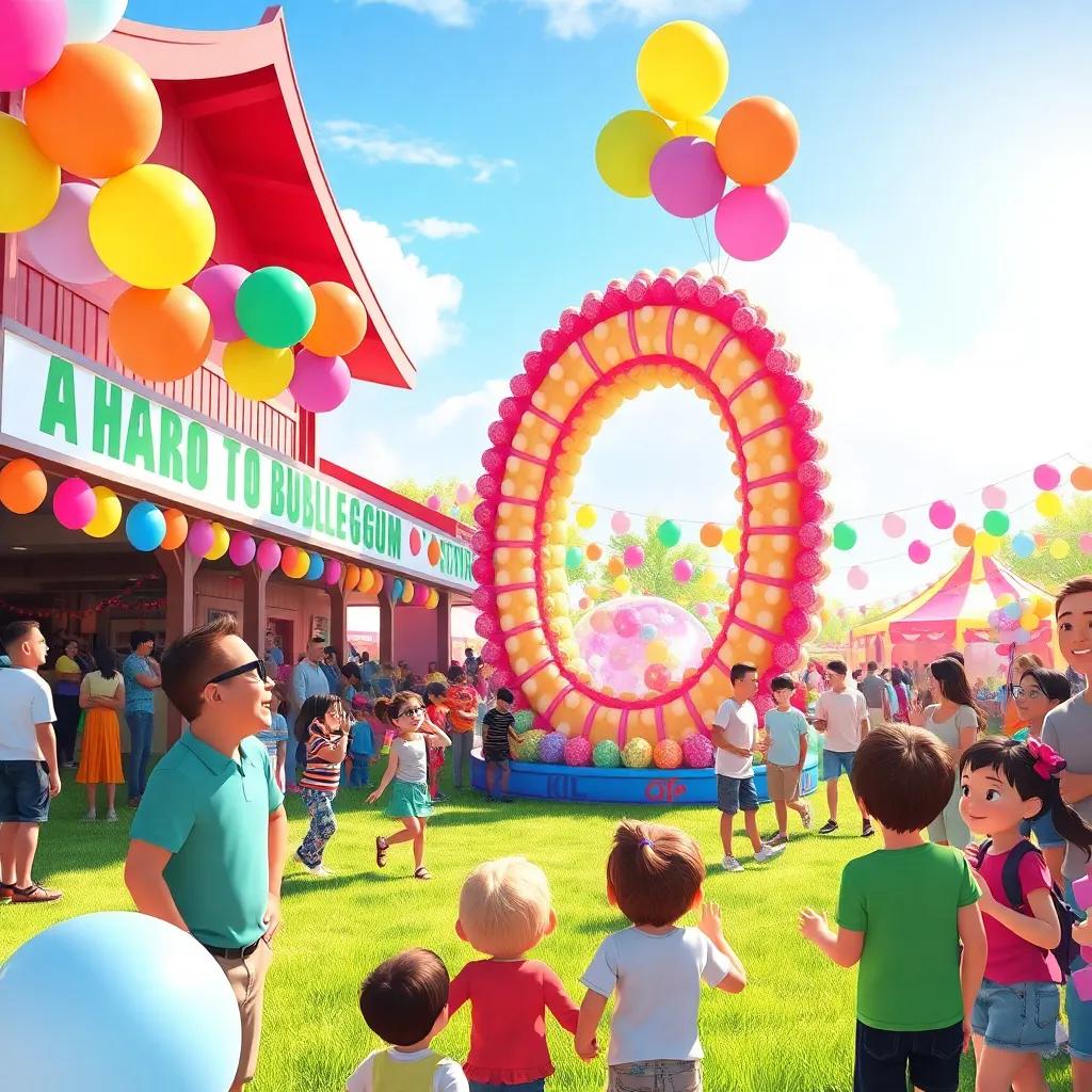 The bubblegum festival scene with kids and families enjoying the festivities, games like bubblegum toss and a big rainbow sculpture in the center, happy faces, colorful balloons, sunny day, vibrant atmosphere, community gathering, digital painting