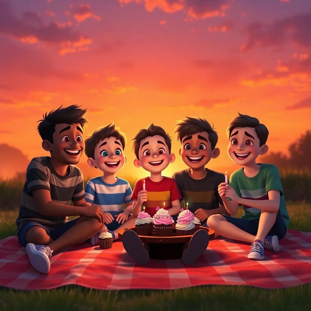 Billy and his friends celebrating at sunset, sitting on a picnic blanket with bubblegum cookies and cupcakes, the sky a warm orange, smiles all around, heartwarming moment, community spirit, charming imagery