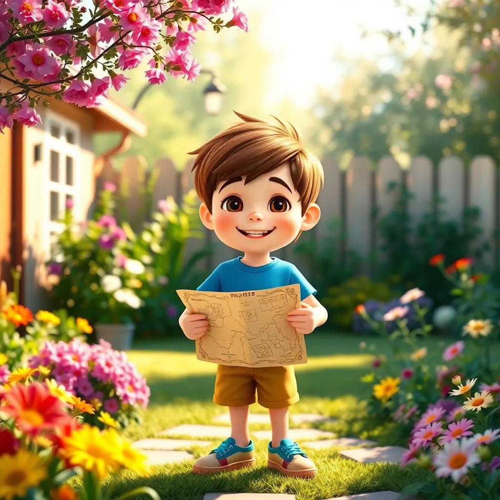 A cheerful boy named Billy, with short brown hair, wearing a blue t-shirt and shorts, holding a treasure map, standing in a sunny backyard, colorful flowers around, digital art, vibrant colors, warm light, inviting atmosphere, high quality