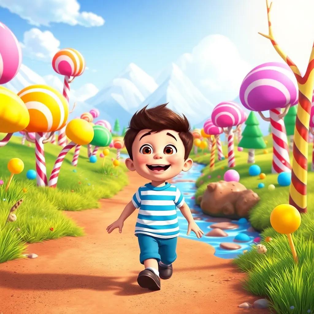 Billy walking towards a colorful landscape with gumdrop trees and a chocolate river, smiling widely, bright and cheerful colors, whimsical scene, illustration, warm light, high quality