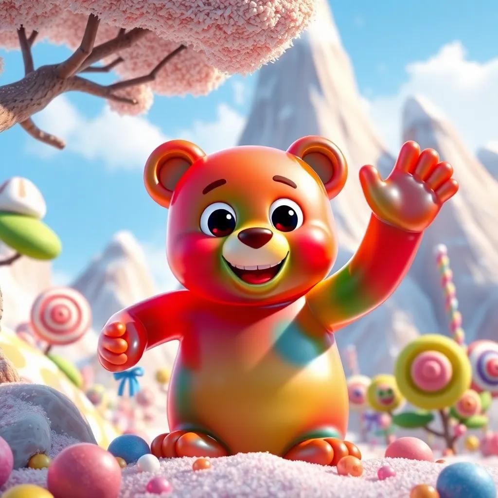 A friendly gummy bear named Benny, with big round eyes and shiny colorful fur, waving at Billy at the base of Candy Mountain, surrounded by candy trees and bright skies, digital art, fun and inviting, rich colors, high quality