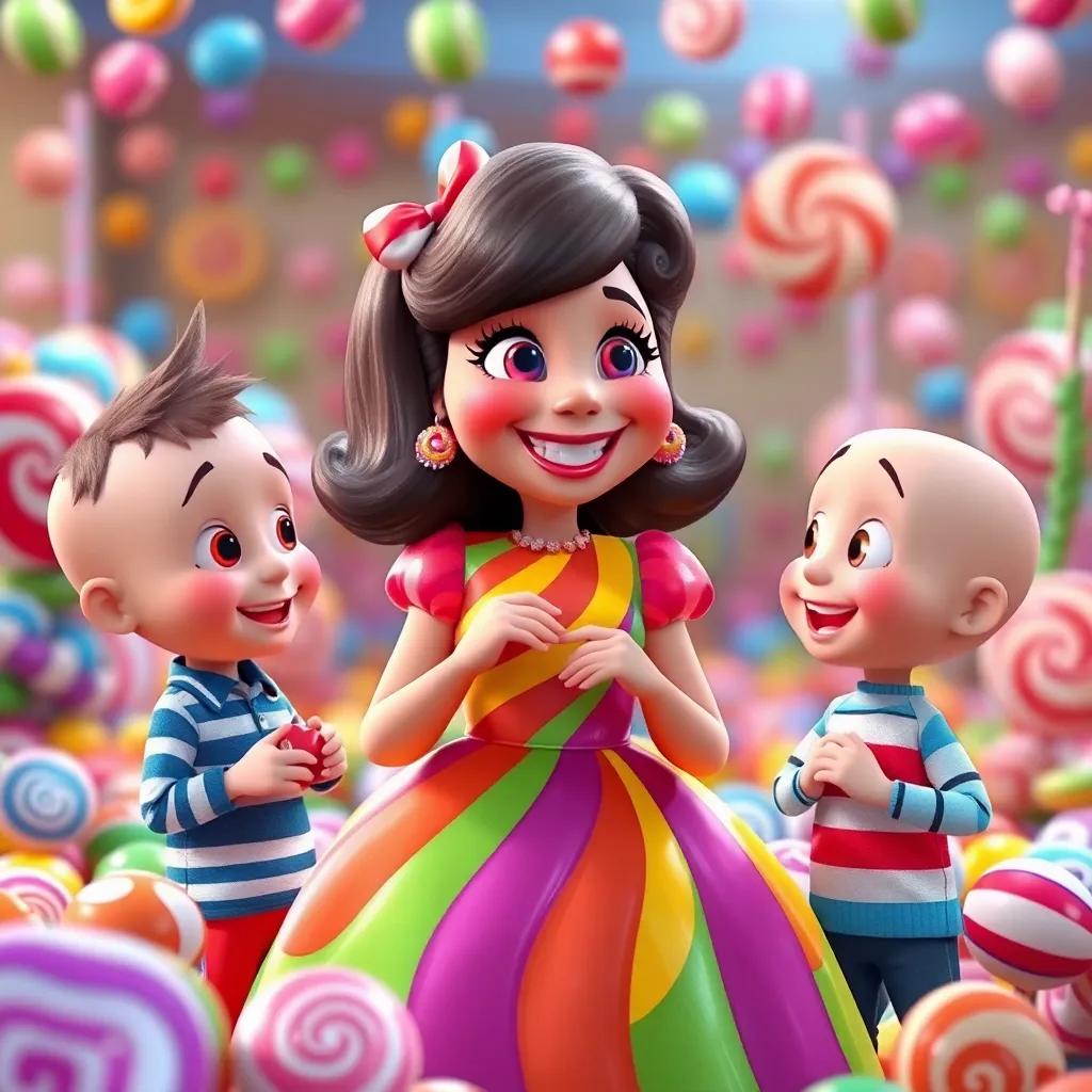 Lulu, a lollipop lady with a bright dress made of candy stripes, smiling and explaining something to Billy and Benny, in a vibrant candy world with colorful candies everywhere, cheerful atmosphere, digital painting, colorful, high quality