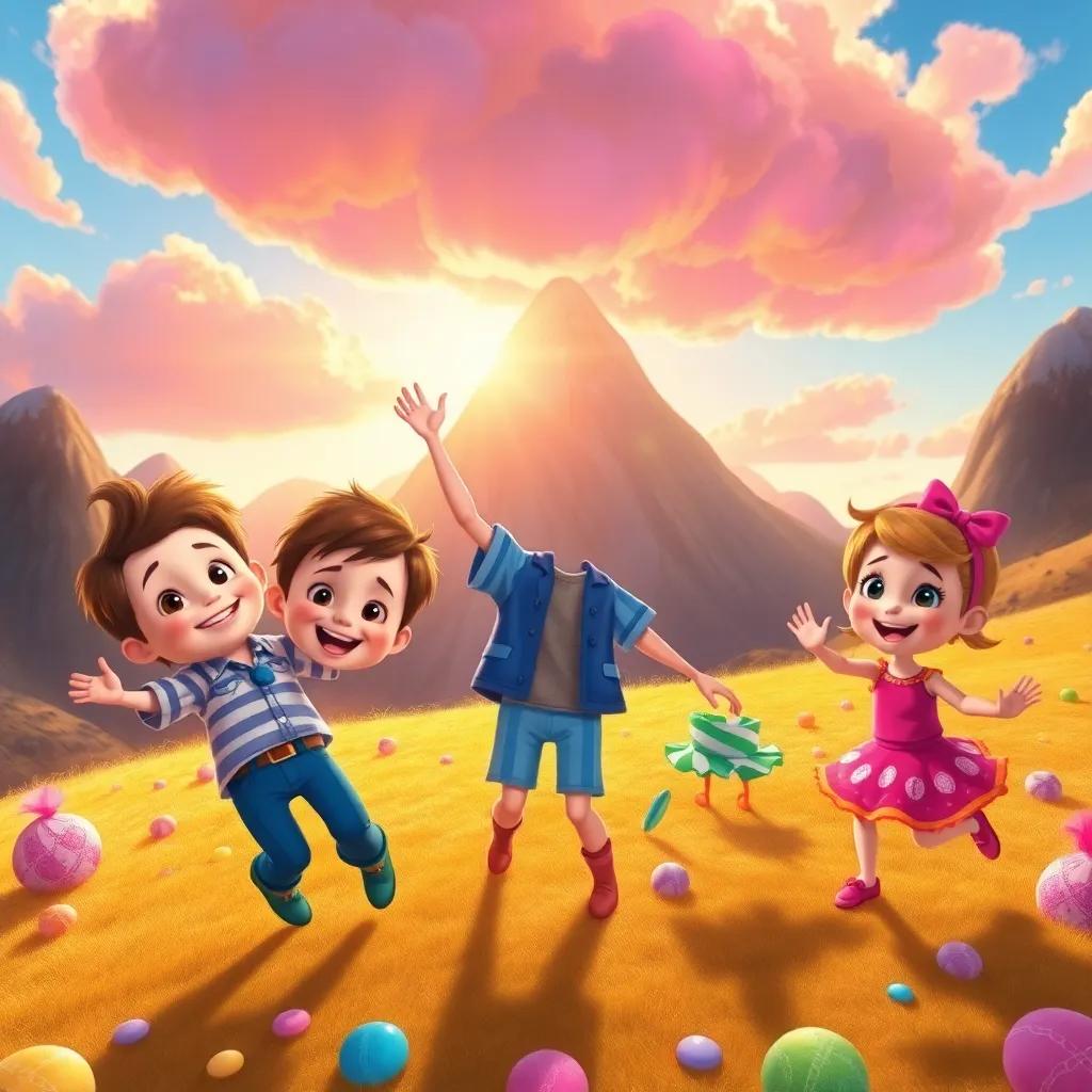 Billy, Benny, and Lulu dancing together around Candy Mountain, with colorful clouds above and bright sun peeking through, everyone smiling and having fun, joyful scene, illustration, vivid colors, high quality