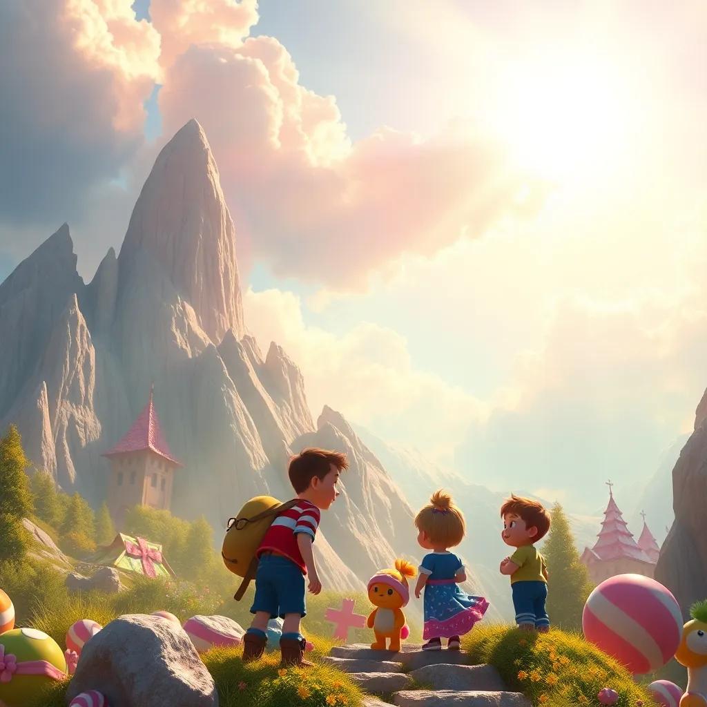 Colorful clouds twinkling with light as the sun shines through, illuminating the candy mountain and shining on Billy and his friends, magical atmosphere, digital art, bright colors, high quality