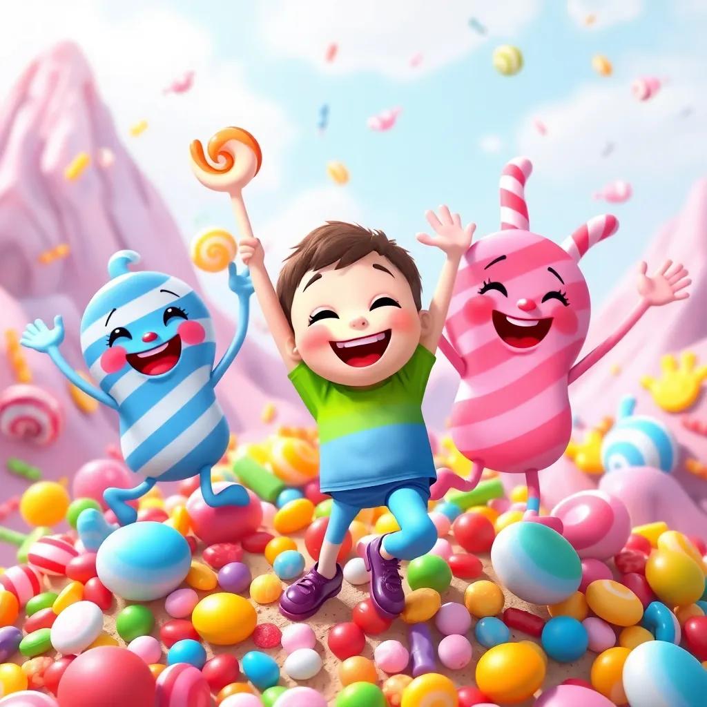 Billy and his candy friends celebrating with joyful expressions, dancing on a colorful mountain filled with candy, happy atmosphere, bright colors, illustration, fun and cheerful, high quality