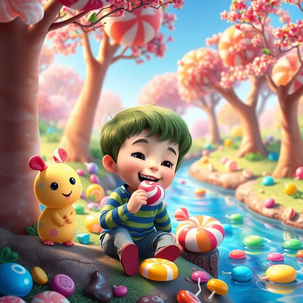 Billy having fun with his candy friends, tasting delicious candy treats, surrounded by gumdrop trees and chocolate rivers, a bright and joyful landscape, digital art, vibrant colors, high quality