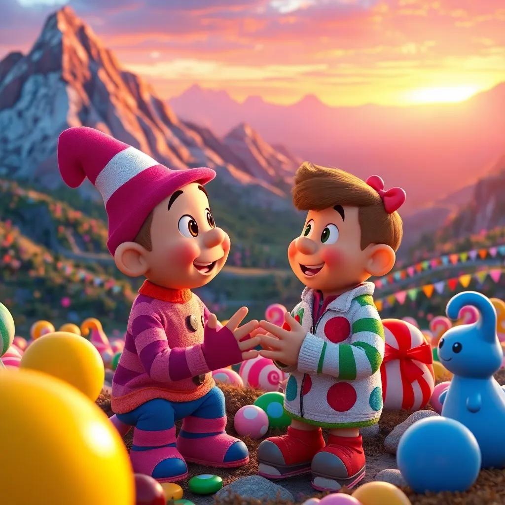 Benny thanking Billy for saving their colors, with a backdrop of Candy Mountain's colorful landscape and friendly candy creatures, warm sunset light, heartwarming scene, digital art, colorful, high quality