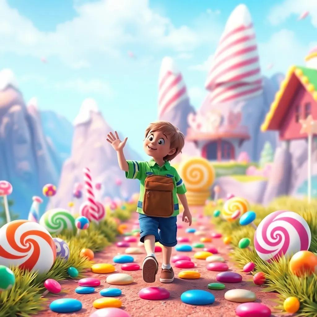 Billy waving goodbye to his candy friends, walking down the colorful path towards home, a dreamy background of Candy Mountain, digital painting, bright and cheerful colors, high quality