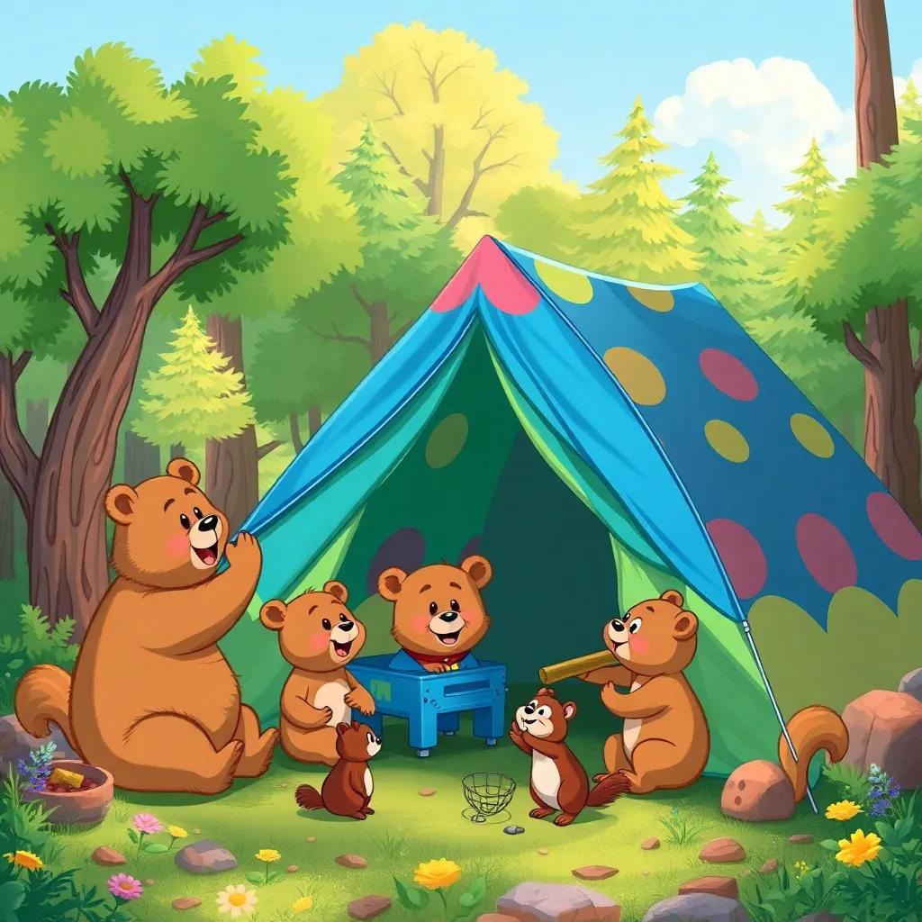 Billy and his friends setting up a big colorful tent in a sunny forest, playful bears and squirrels working together, trees and flowers around, joyous atmosphere, lively illustration, rich colors, high quality