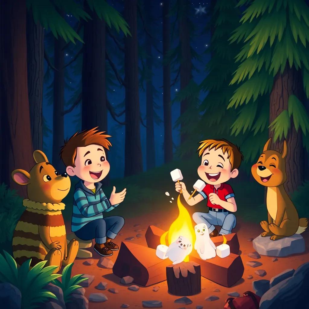At night, Billy and his friends roasting marshmallows by a warm campfire, surrounded by tall trees and glowing firelight, friendly animals laughing, magical atmosphere, whimsical art style, bright colors