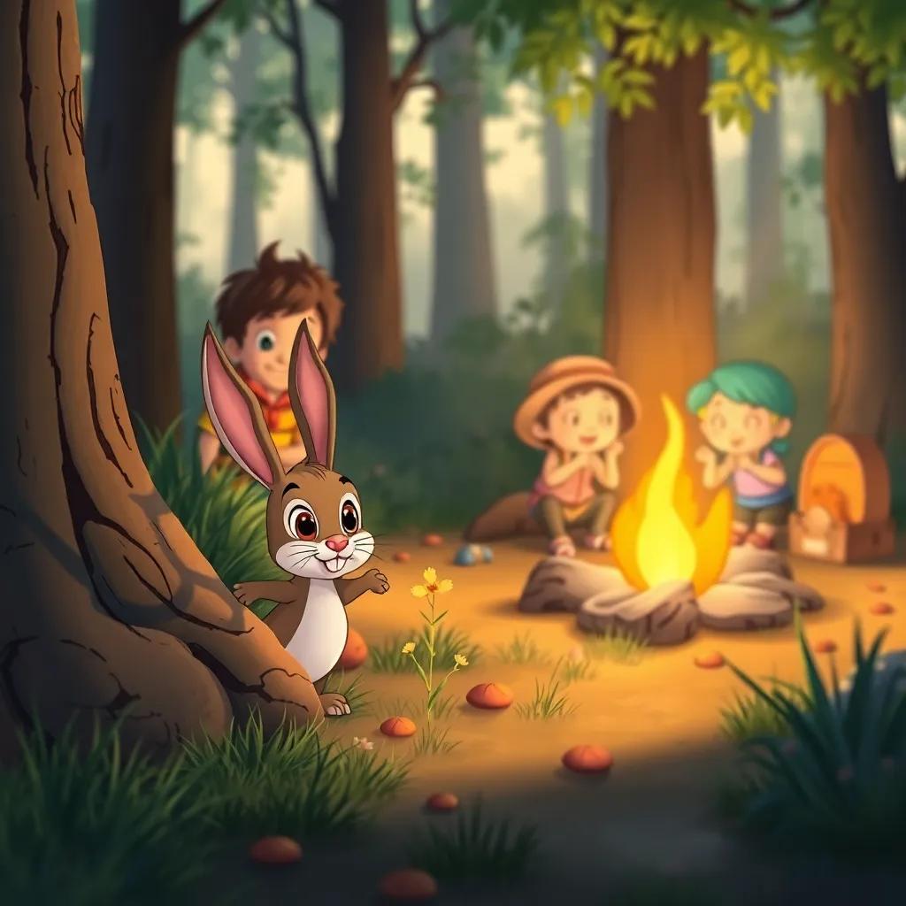 A little bunny hopping out of the bushes near Billy and his friends, with gentle shadows from the campfire, warm feel, friendly and inviting forest background, charming illustration, vibrant details, whimsical