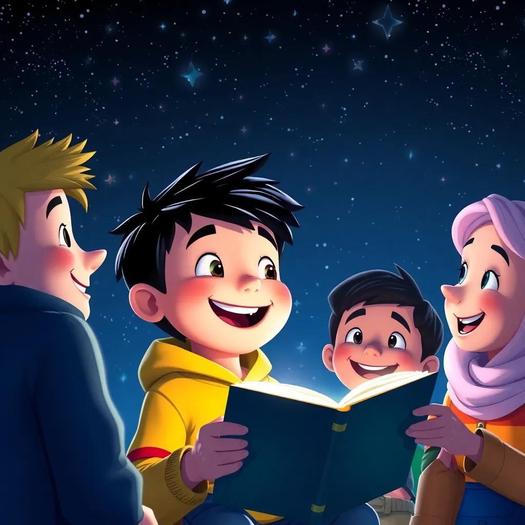 Billy, feeling bolder, telling a story to his friends under the stars, joyful expressions, twinkling stars overhead, magical feeling of storytelling, delightful art, colorful and vivid
