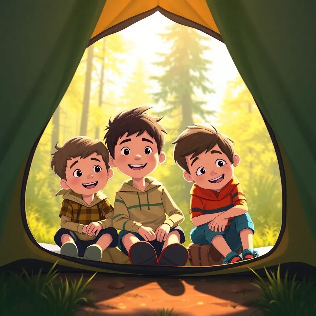 Billy and his friends sitting in the tent, reflecting the sunlight with happy faces, outside bright sunny forest, peaceful morning vibe, friendly and warm atmosphere, charming illustration, high quality