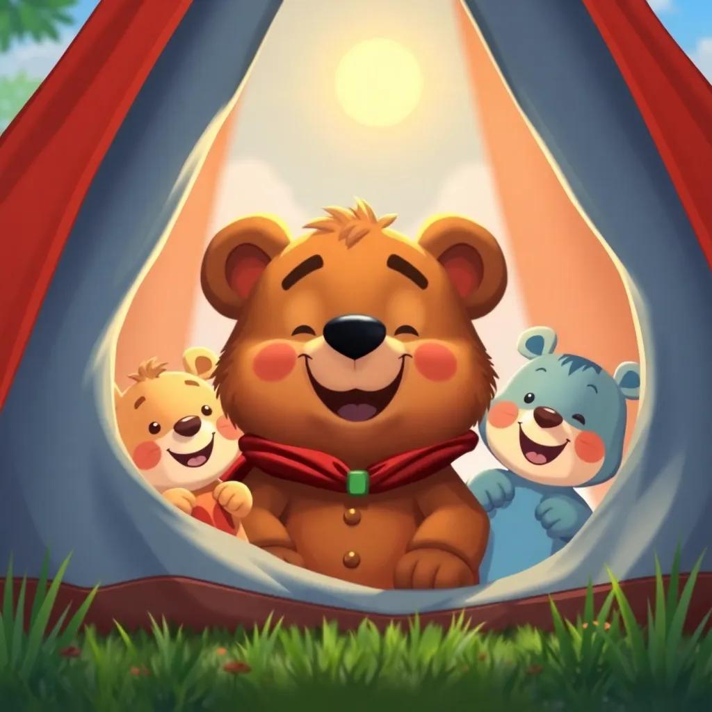 Billy the Brave Little Bear waking up in the tent with sun shining in, bright colors, cheerful expressions of his friends, feeling a new day full of adventure, playful setting, vibrant and inviting, high quality