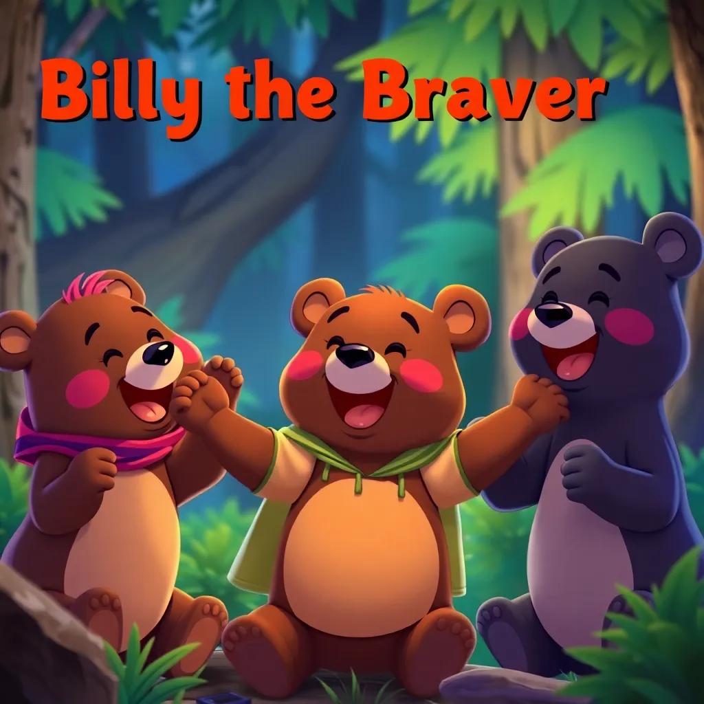 Billy the Brave Little Bear cheering happily with his friends after a night of adventure, warmth and friendship in the forest, colorful background, joyful and lively mood, charming cartoon style, vivid