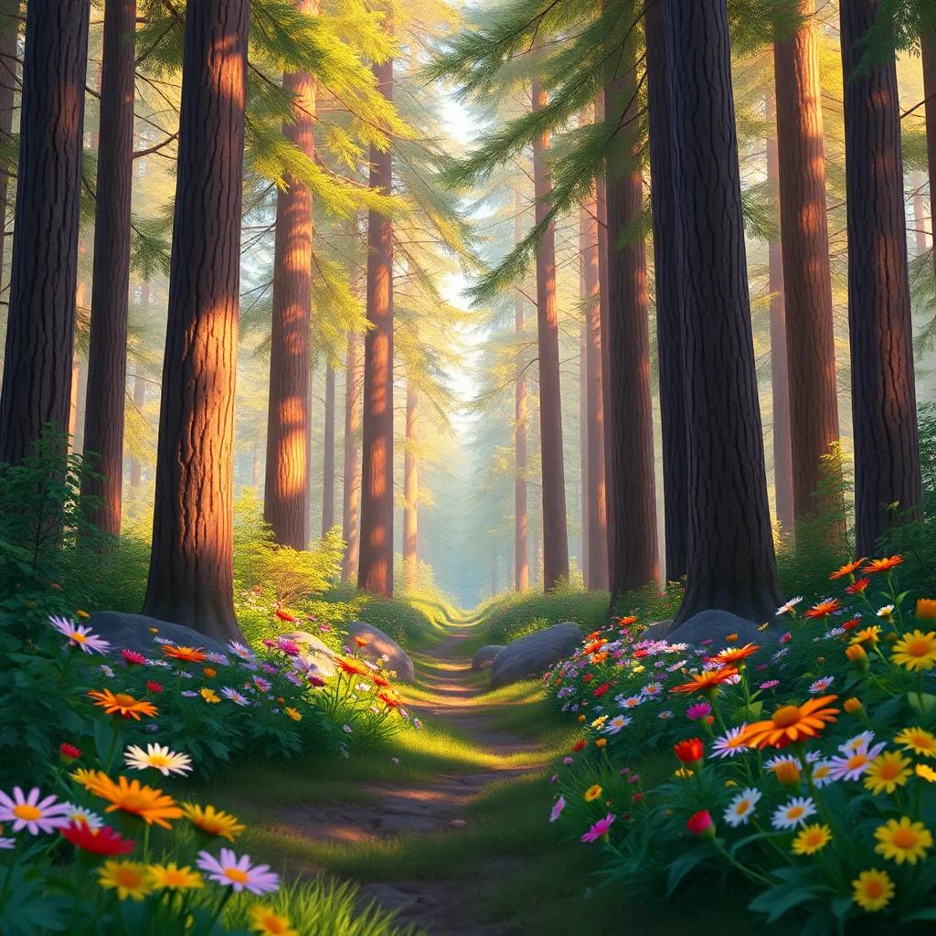 A beautiful forest with tall trees and bright flowers, showcasing where Billy and his friends went on their camping trip, inviting scenery, warm colors, magical feel, high-expressive art