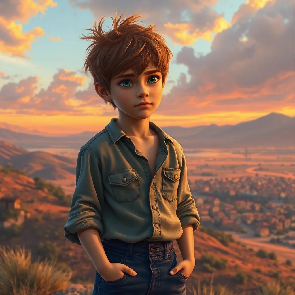 A young boy named Billy, with tousled brown hair, wearing a tattered shirt and jeans, standing on a hill overlooking a small dusty town, determined expression, warm sunset light, digital art, vibrant colors, hopeful atmosphere, high quality