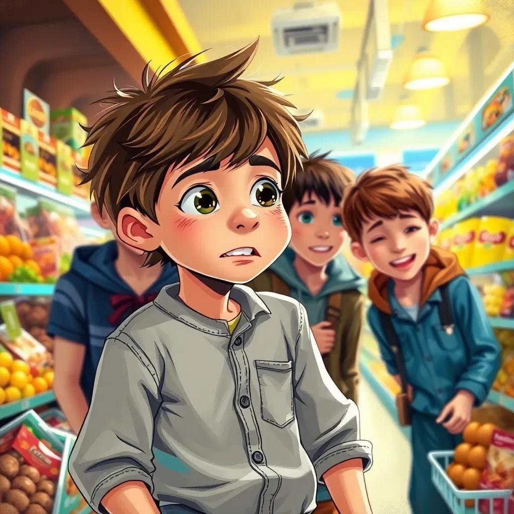 Billy, a young boy with tousled brown hair, in a worn-out shirt and jeans, with his friends planning a way to sneak into a store, filled with excitement and nervousness, bright indoor lighting, colorful food pictures around, digital illustration, cheerful, engaging