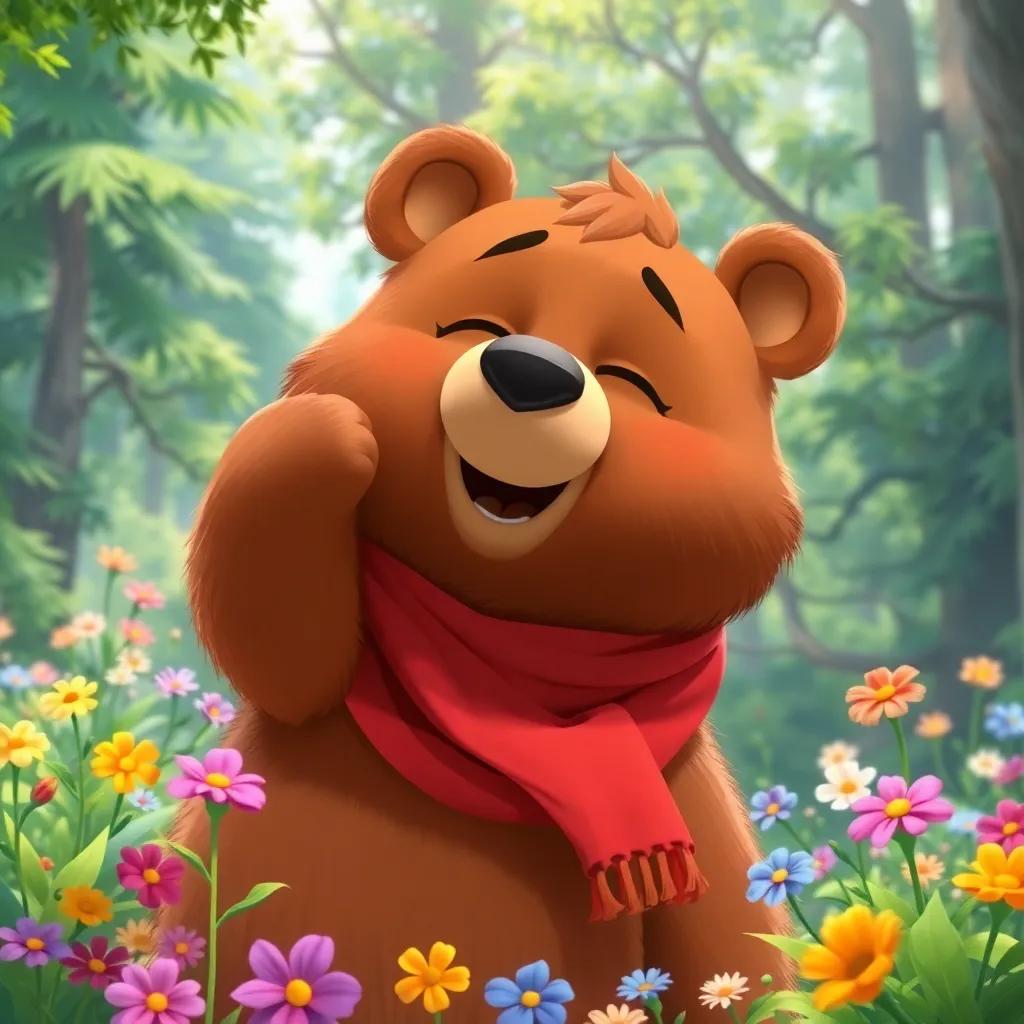 Billy the bear, a fluffy brown bear with a red scarf, excitedly waking up in a sunny forest, surrounded by vibrant flowers and green trees, bright colors, cheerful atmosphere, digital art, high quality