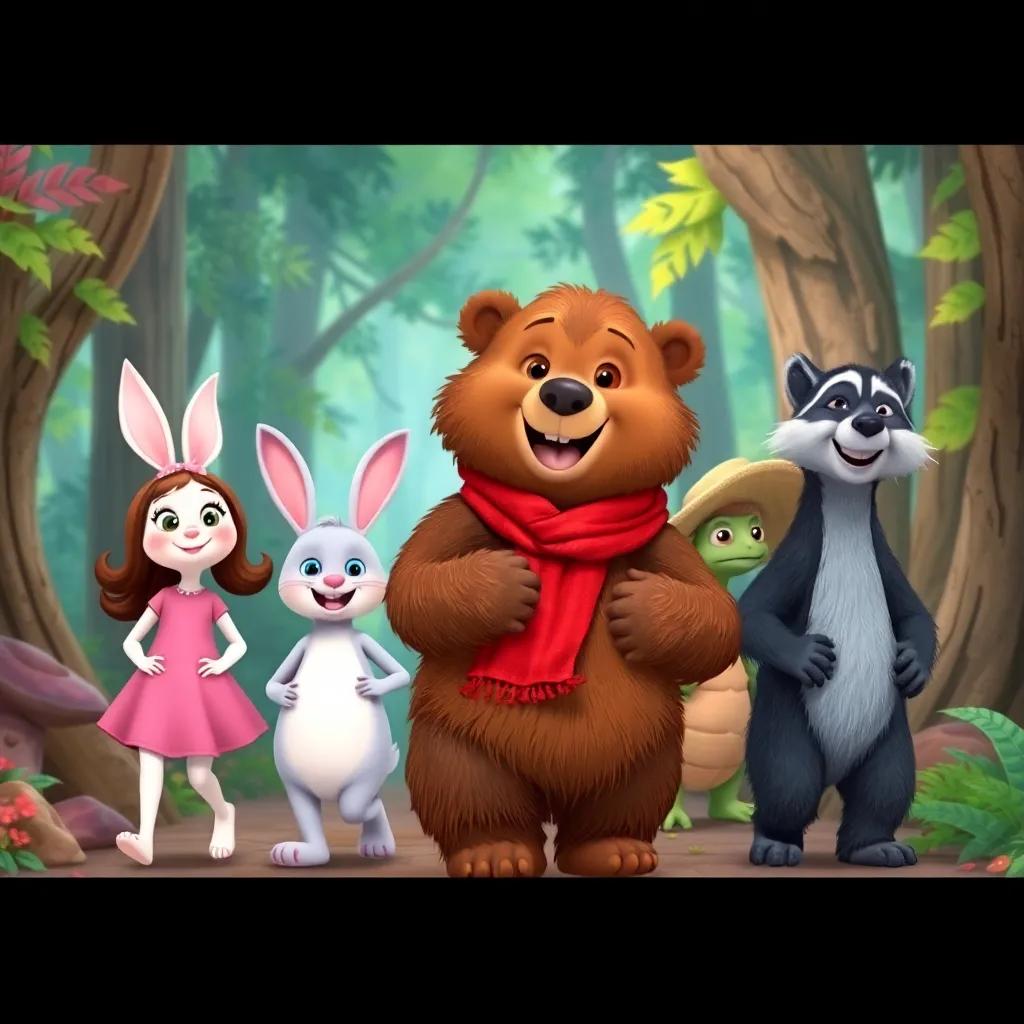 Billy the bear, with fluffy brown fur and a red scarf, happily walking with Lucy the rabbit in a pink dress, Toby the turtle in a straw hat, and Max the raccoon, exploring the forest together, colorful background, fun expressions, illustration, child-friendly