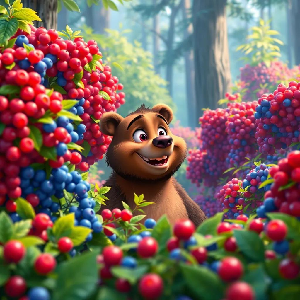A scenic forest with bushes full of colorful berries—red, blue, purple—while Billy the bear, with a big smile, looks wide-eyed at the treasure, surrounded by his friends, vibrant and inviting, digital painting, high quality