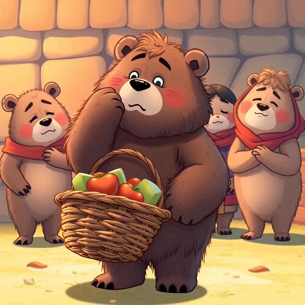Billy the bear, with fluffy fur, standing with a much fuller basket than his friends, looking thoughtful as he scratches his head, with neighbors showing expressions of mixed happiness and sadness, heartwarming scene, warm colors, illustration, storytelling view