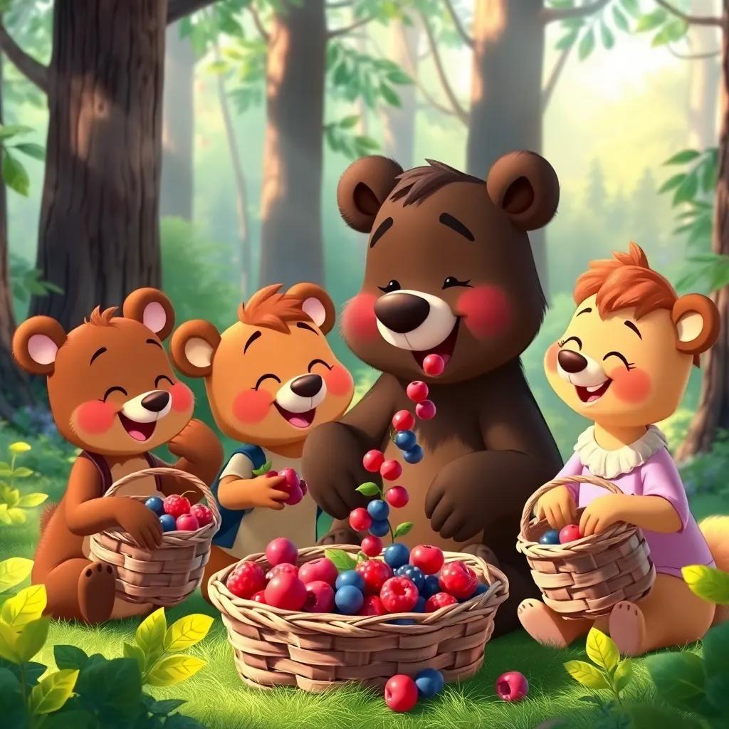 A cheerful forest scene where Billy the bear lovingly shares his berries by pouring into his friends' baskets, colorful and vibrant, joyful expressions on the characters, digital art, teamwork theme, high quality