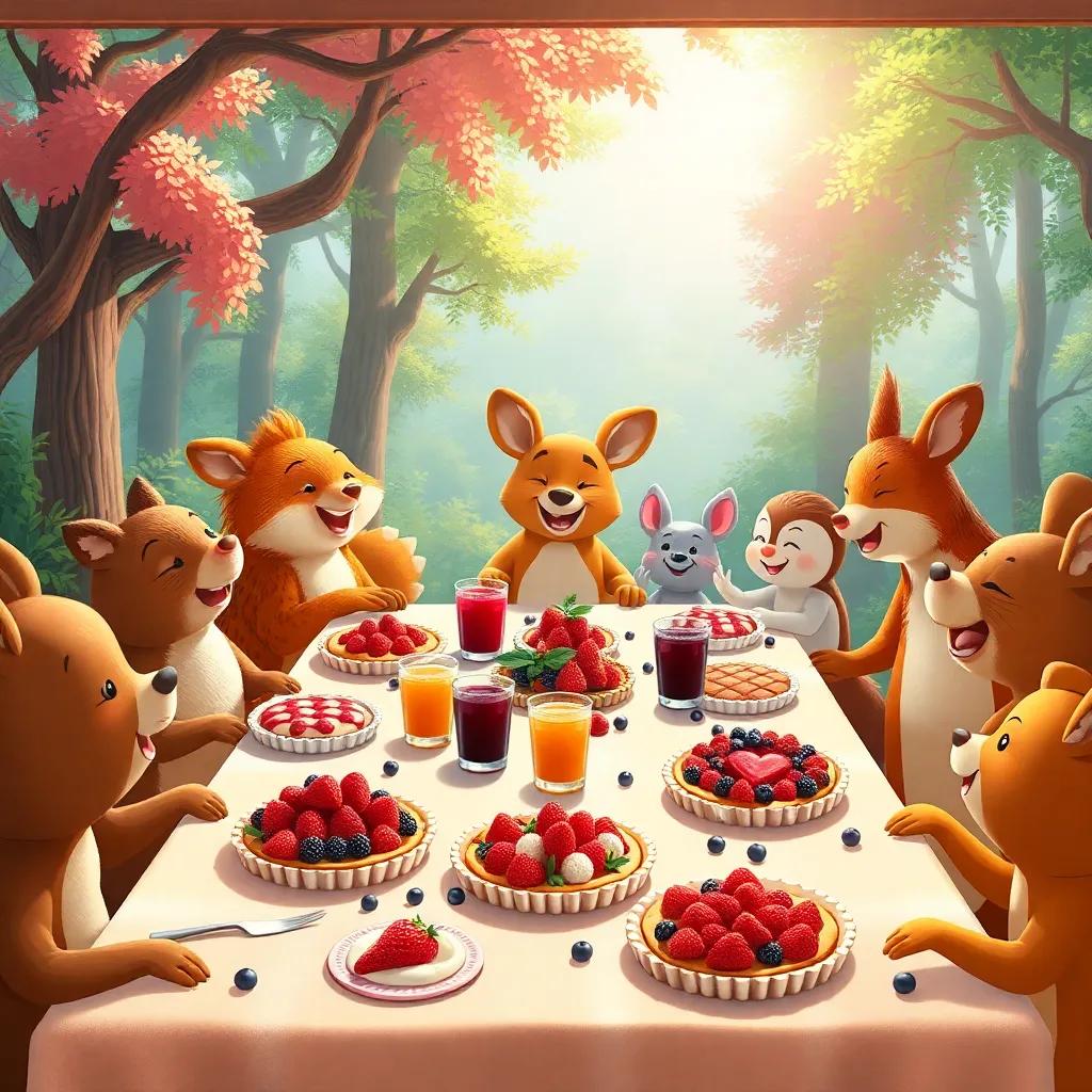 A table spread with delicious berry pies, jams, and juices, surrounded by all forest animals, laughing and enjoying together under the bright sunshine, warm colors, joyful atmosphere, digital art, community spirit, high quality