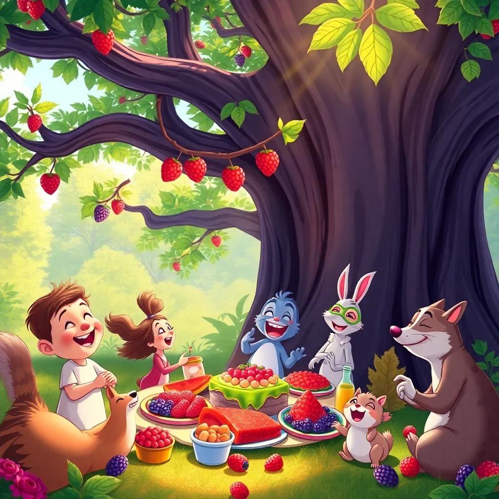 A joyful berry feast under a big tree, with Billy, Lucy, Toby, Max, and other forest animals laughing, dancing, and enjoying food together, colorful decor, bright sunlight, inviting atmosphere, illustration, heartwarming