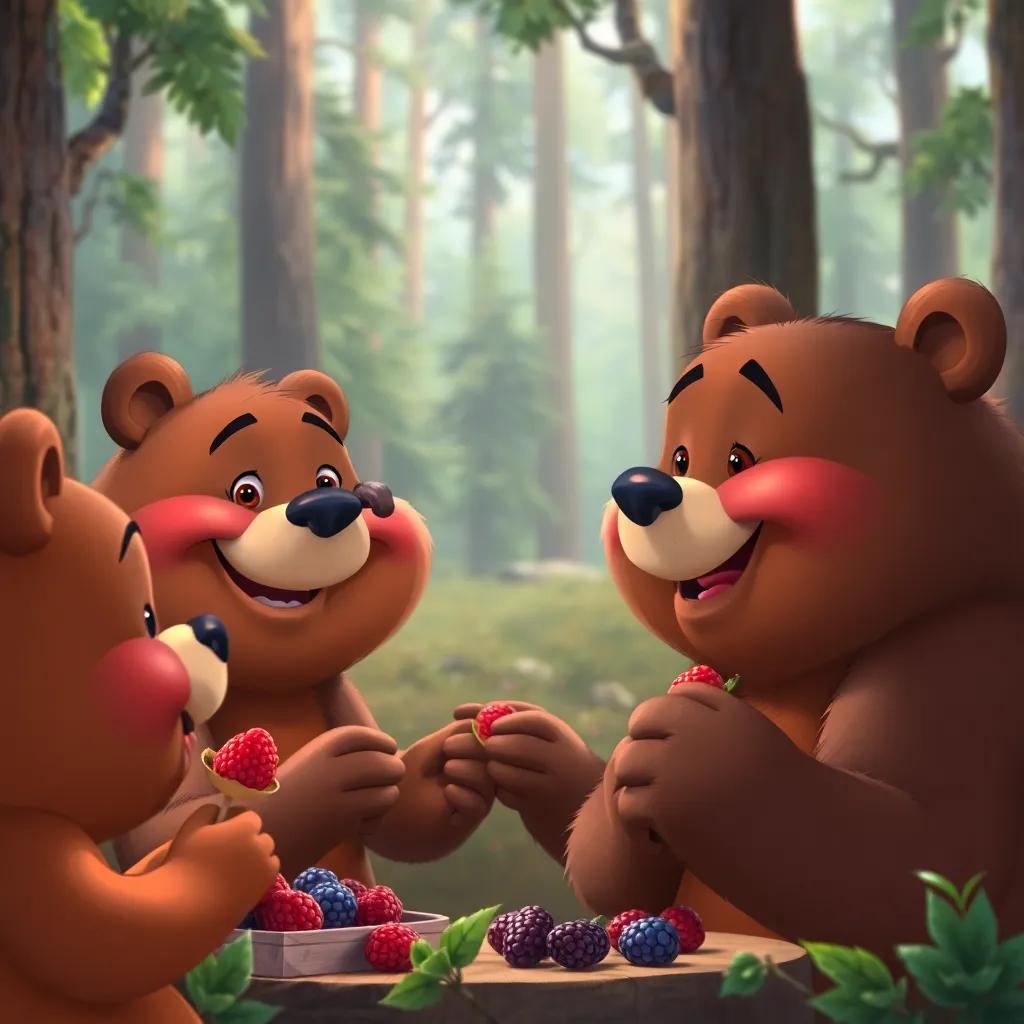 Billy the bear, joyful and smiling, looking at his friends enjoying berry treats, with the forest as the backdrop, full of colors and life, warm and inviting scene, digital painting, community and friendship, high quality