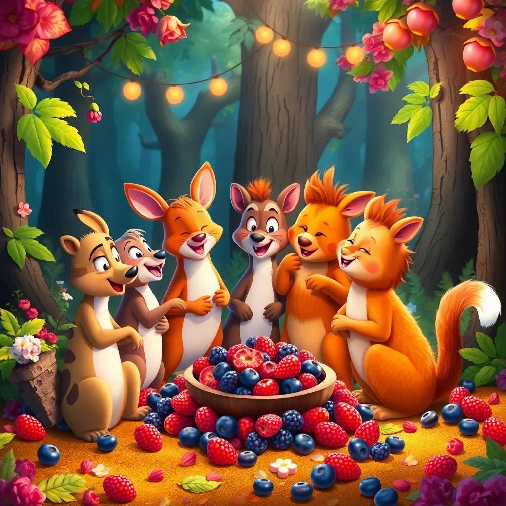 A magical forest scene with all animals celebrating friendship, surrounded by remnants of a berry feast, colorful, cheerful atmosphere, capturing the essence of joy and sharing, digital art, vibrant, heartwarming