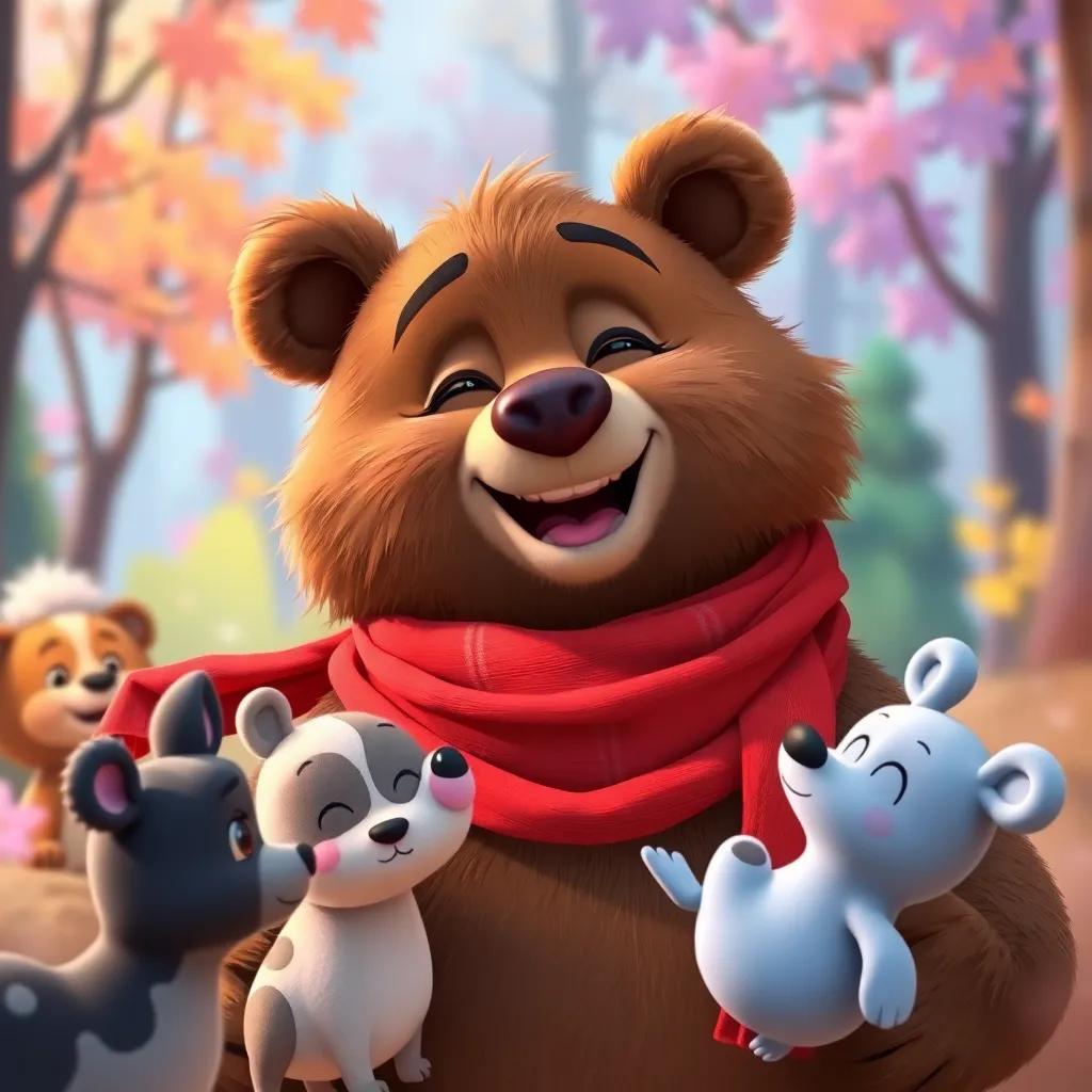 Billy the bear, with fluffy brown fur and a red scarf, happy as he sees his friends around him, showcasing the importance of sharing and friendship in a colorful forest, digital art, joyful spirit, high quality