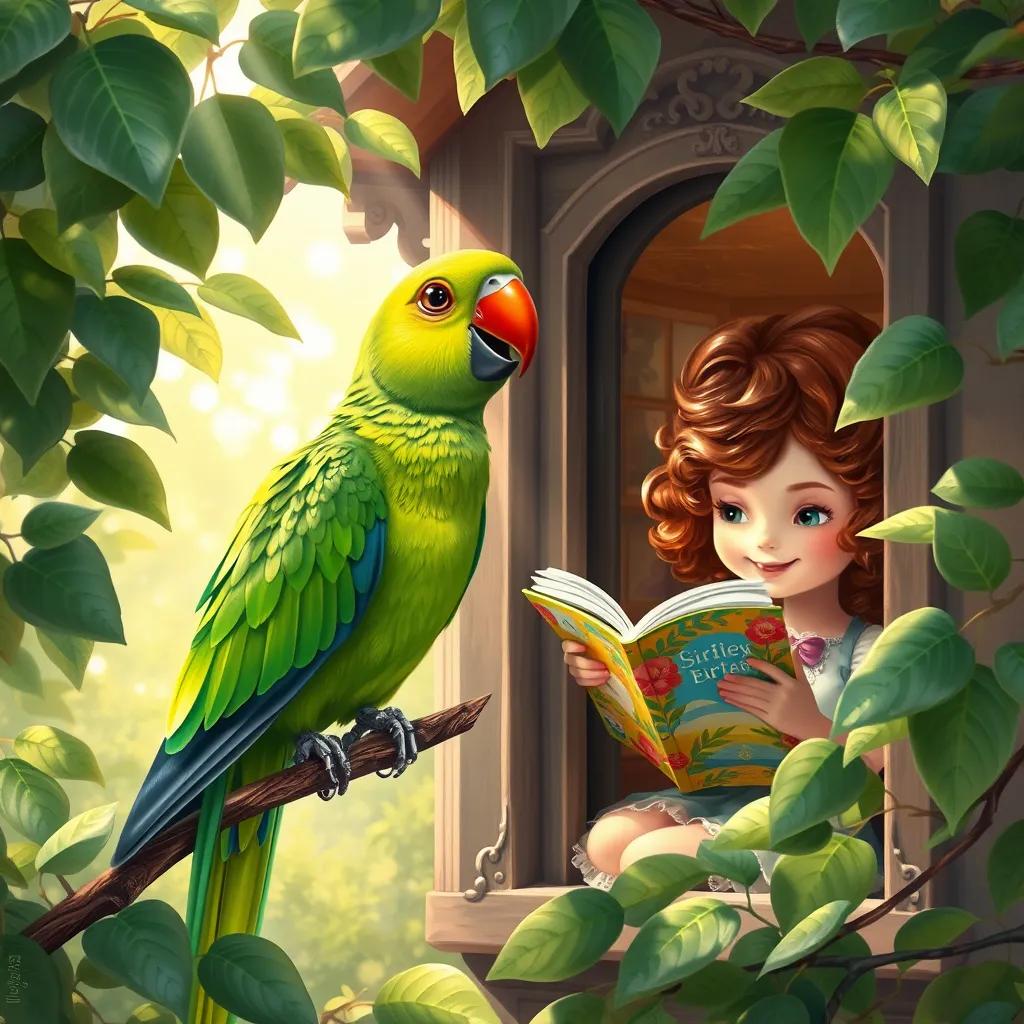 A bright green parrot named Birdy with a cheerful red beak sits on a branch outside a cozy house. Inside the house, Sofia, a girl with curly brown hair, is looking at a colorful book. Gentle sunlight streams through the leaves, creating a happy atmosphere.