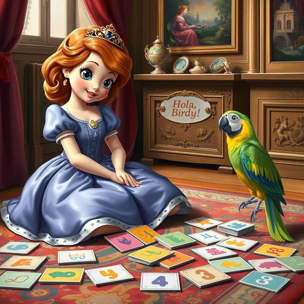 Sofia is sitting on the floor, surrounded by colorful flashcards. Birdy the parrot is perched nearby, trying to mimic her as she cheerfully says, 'Hola, Birdy!' Bright colors fill the room, and there’s a sense of excitement in the air.