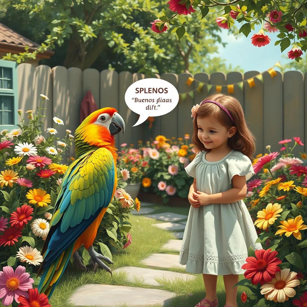 Birdy the parrot is in a sunny backyard, speaking Spanish words like 'Buenos días' to a blooming flower garden. Sofia, standing nearby, giggles at Birdy's cute attempts. The scene radiates warmth with colorful flowers all around.