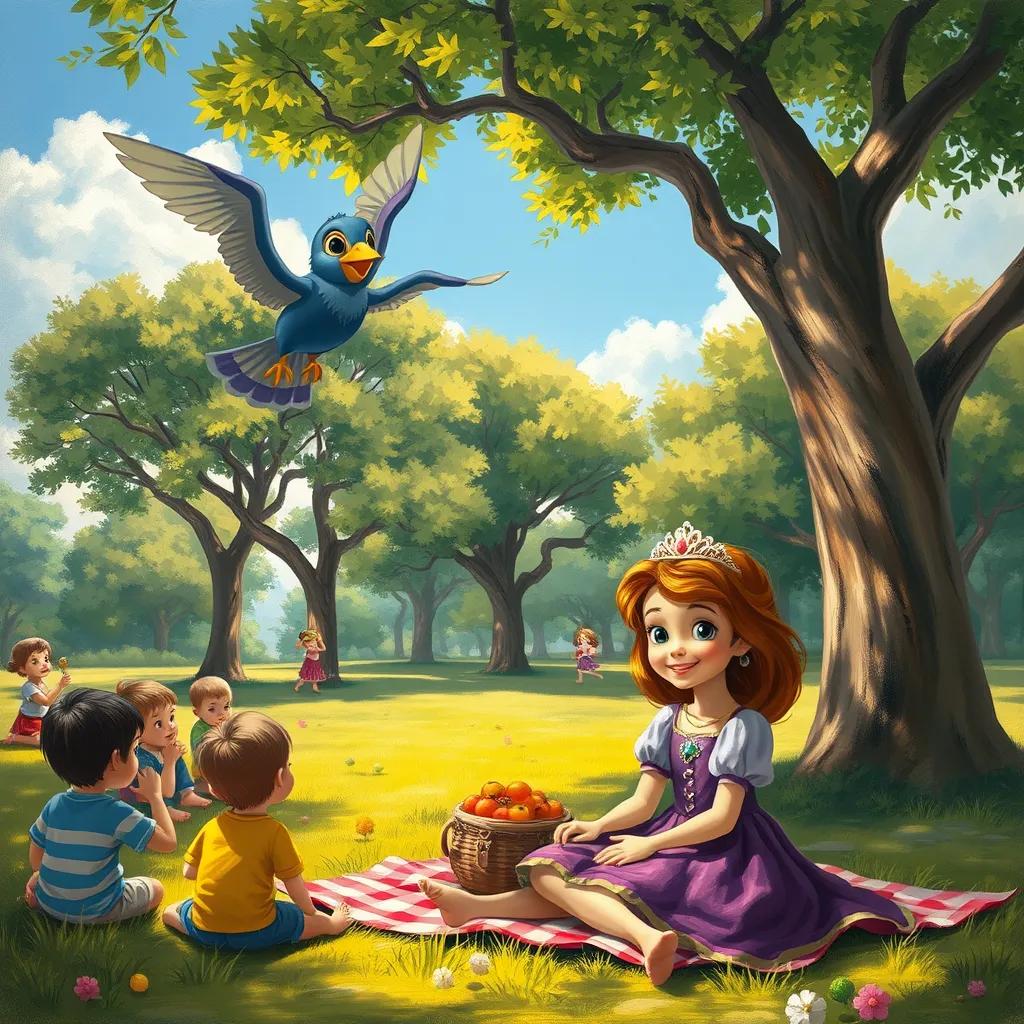 A park setting is full of children having a picnic under big, shady trees. Birdy flies above, chirping '¡Hola, amigos!' in excitement. Sofia is sitting on a picnic blanket, smiling widely as she watches her magical friend. The sun shines brightly, adding to the joyful mood.