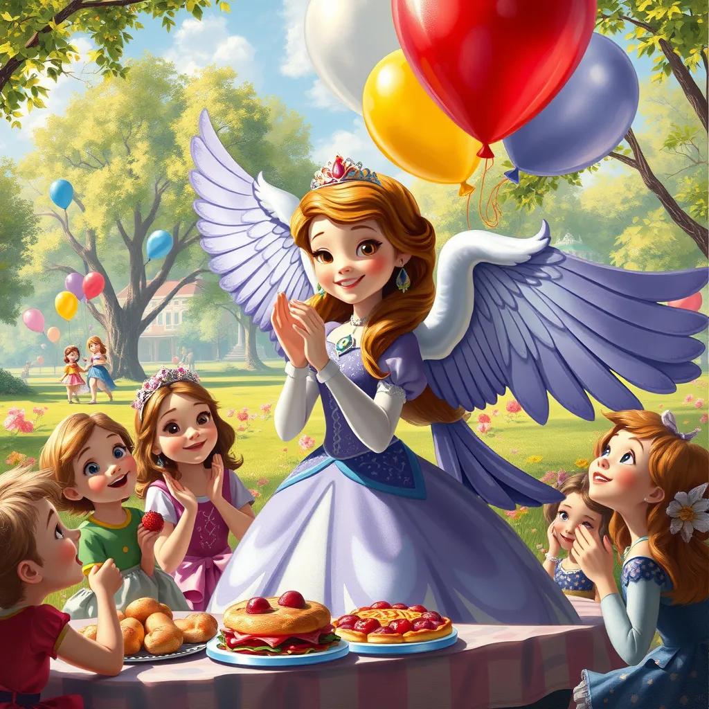 Sofia claps her hands with excitement, surrounded by happy friends as Birdy flaps his wings proudly. They are in a colorful park filled with balloons and delicious picnic food. Birdy's feathers shine in the sun, and everyone is smiling together.