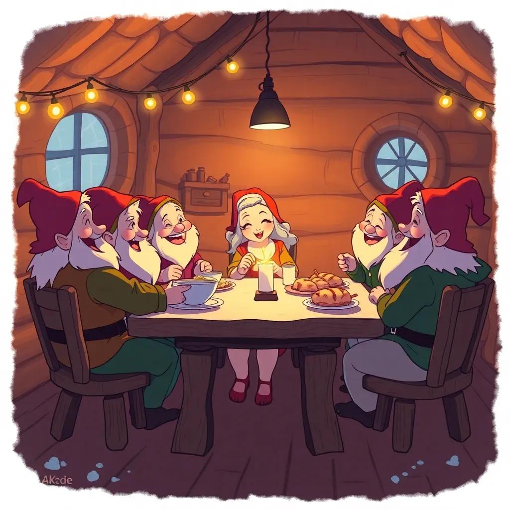 Blanca Nieves sitting at a table with seven happy dwarfs inside a cozy cabin, laughing and sharing food, warm colors, friendly environment, digital illustration, heartwarming scene, high quality