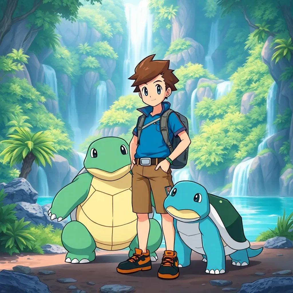 A brave trainer named Alex standing in the vibrant Pokemon region of Aquara, full of lush greenery and waterfalls, with his Blastoise beside him, ready for adventure, detailed digital art, bright colors, cheerful atmosphere, high quality