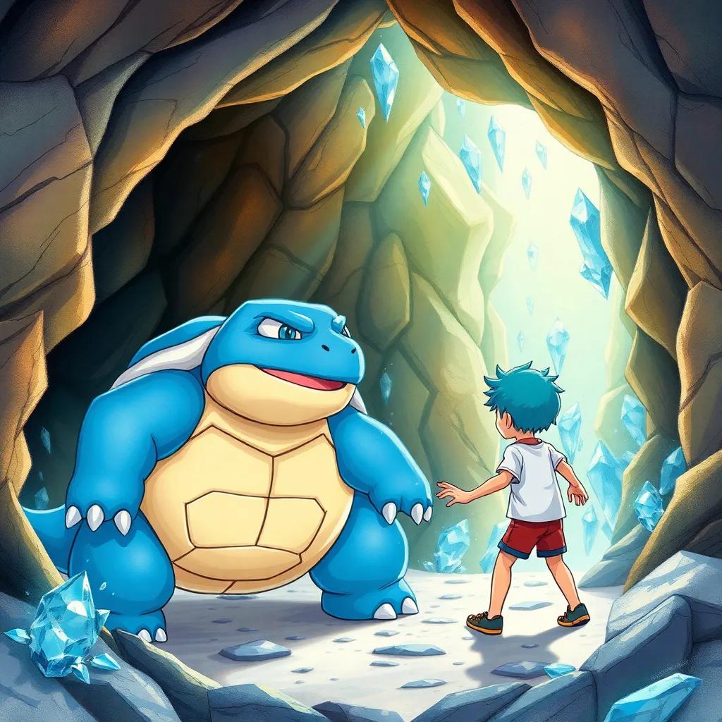 Alex shouting commands at Blastoise in a hidden cave filled with shimmering crystals, Blastoise looking powerful with its shiny blue shell and fierce eyes, the atmosphere tense with a wild Pokemon in front of them, vivid art, action-packed scene, high quality
