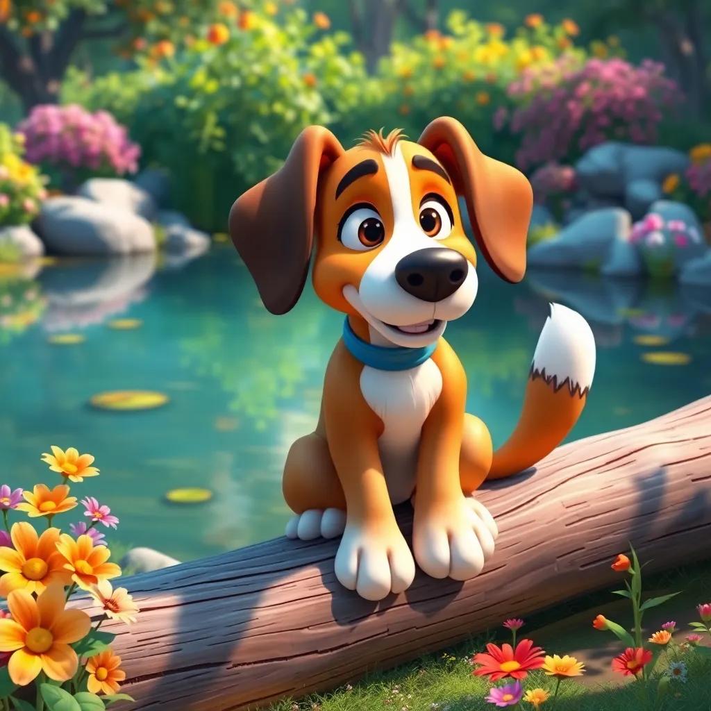 A big dog named Bob, with floppy ears and a wagging tail, sitting on a long log by a pond, colorful flowers around, digital art, bright colors, cheerful atmosphere, high quality