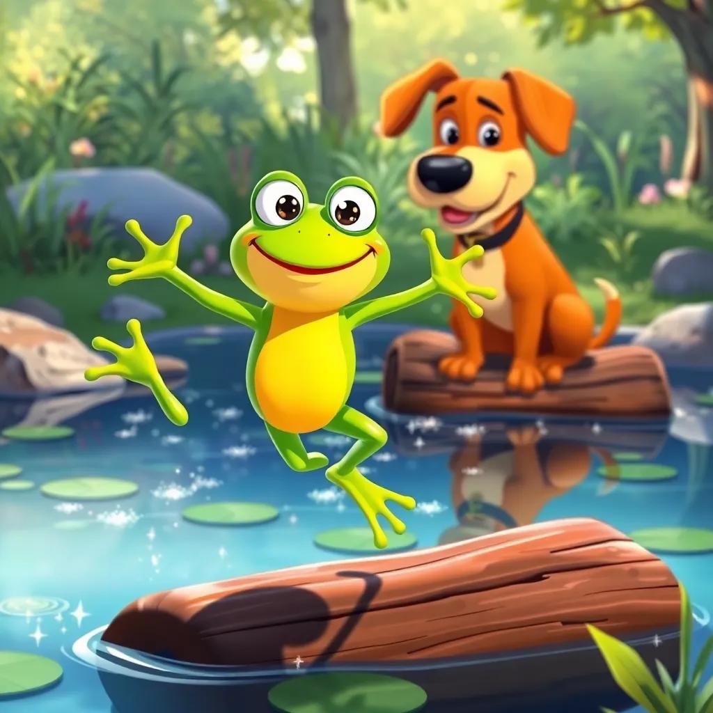 A happy frog jumping near Bob, the big dog, sitting on the log, the frog is green with big eyes, the pond is sparkling in the sunlight, illustration, vibrant, playful scene, child-friendly