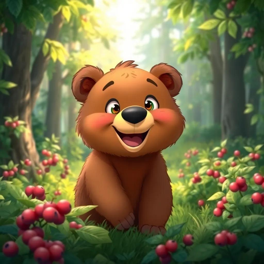 A happy bear named Bobby, a young brown bear with fluffy fur and bright eyes, joyfully exploring a green forest, sunlight filtering through the trees, colorful berries in the bushes, cheerful atmosphere, vibrant colors, digital art, cute and friendly style