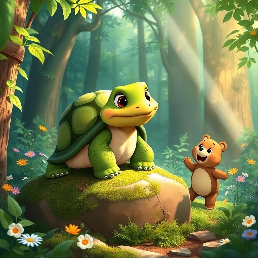 A wise old tortoise, with a green shell and kind eyes, sitting on a mossy rock in the forest, surrounded by lush greenery and blooming flowers, Bobby the Bear excitedly approaching, gentle sunlight dappling the scene, warm and inviting, child-friendly illustration