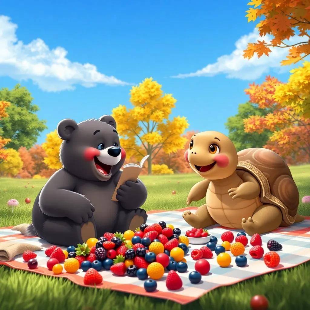Bobby the Bear and the tortoise having a picnic with colorful berries spread out on a blanket, laughing and sharing stories, bright blue sky above, colorful trees surrounding them, cozy atmosphere, lively and fun, charming style, high quality