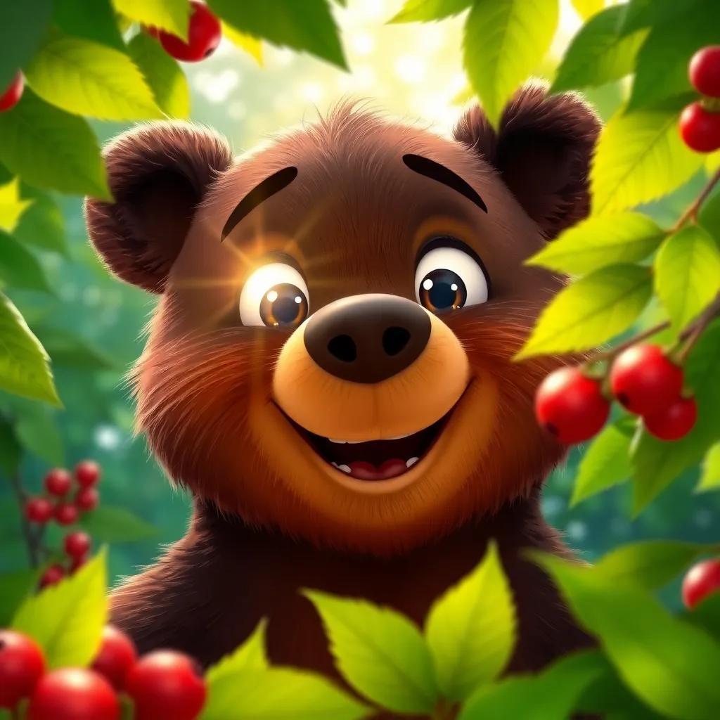 A close-up of Bobby the Bear's happy face, eyes sparkling with excitement as he spots the biggest red berries shining in the sun through green leaves, vibrant and lush background with a sense of wonder, bright colors, child-friendly, joy-filled
